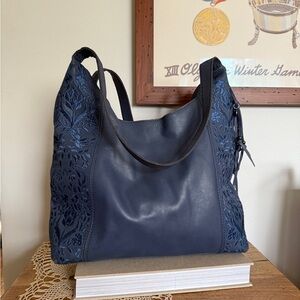 The Sak Blue Leather Embroidered Hobo Shoulder Bag with Floral Detailing